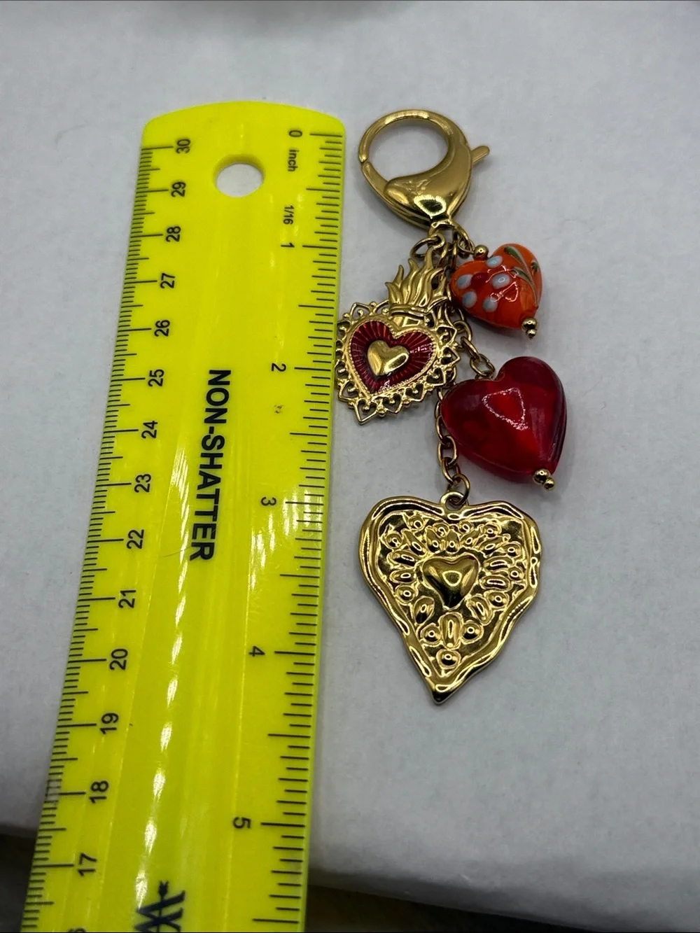 Queen of hearts Gold Tone Heart Charm Keychain  bag charm Red Orange glass Beads